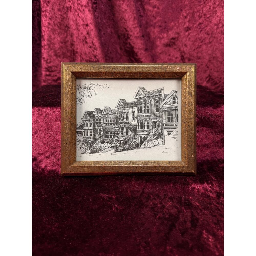 VTG Framed Ink Drawing Print Painted Ladies San Francisco On A Victorian Street